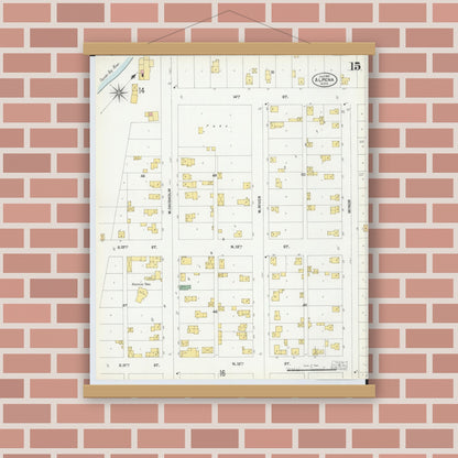 Old map wall art mockup — magnetic wood frame on brick wall — Sanborn Fire Insurance Map from Alpena, Alpena County, Michigan (1901), Sheet #0015