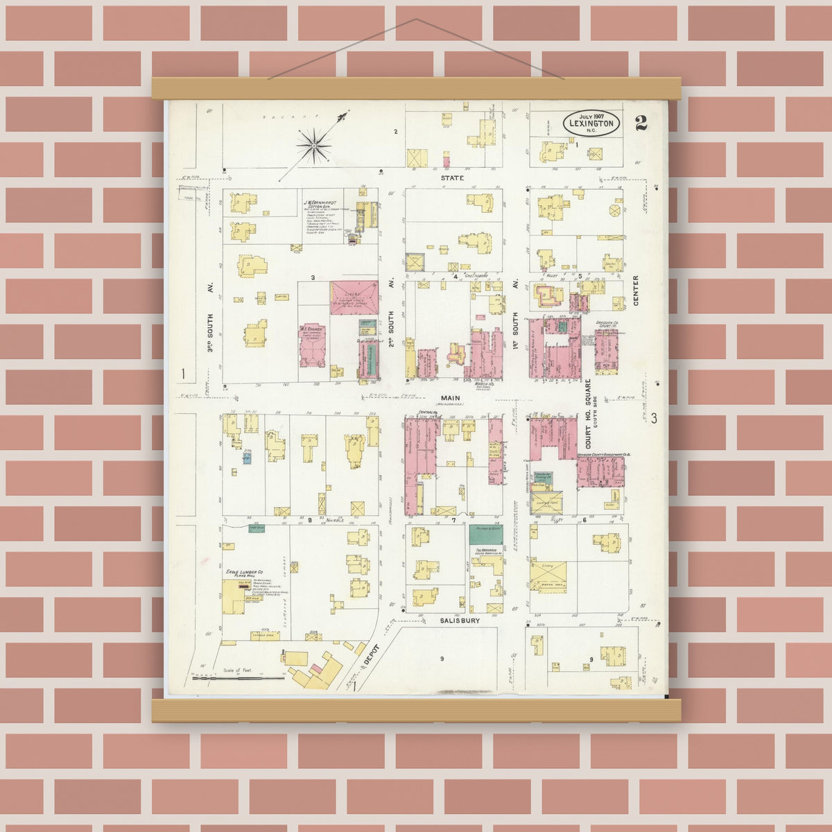 Old map wall art mockup — magnetic wood frame on brick wall — Sanborn Fire Insurance Map from Lexington, Davidson County, North Carolina (1907), Sheet #0002