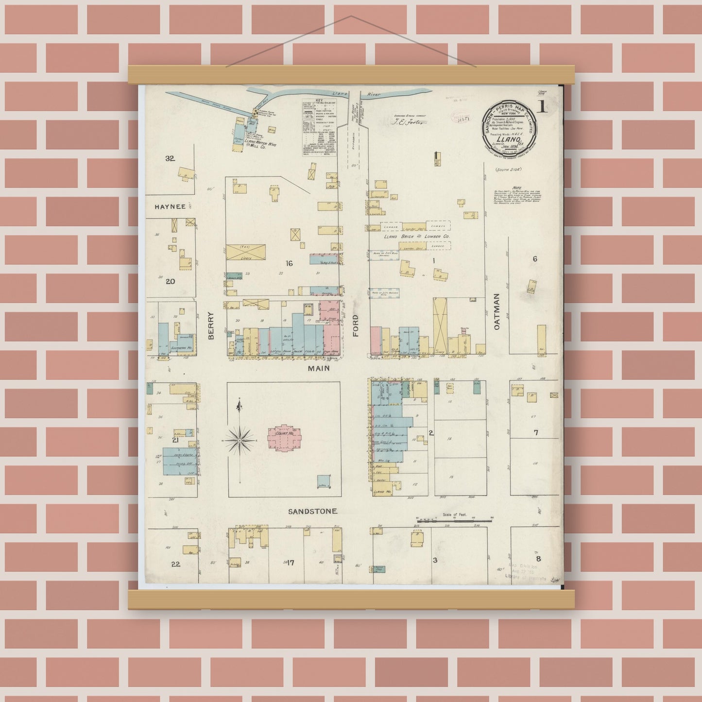 Old map wall art mockup — magnetic wood frame on brick wall — Sanborn Fire Insurance Map from Llano, Llano County, Texas (1894), Sheet #0001