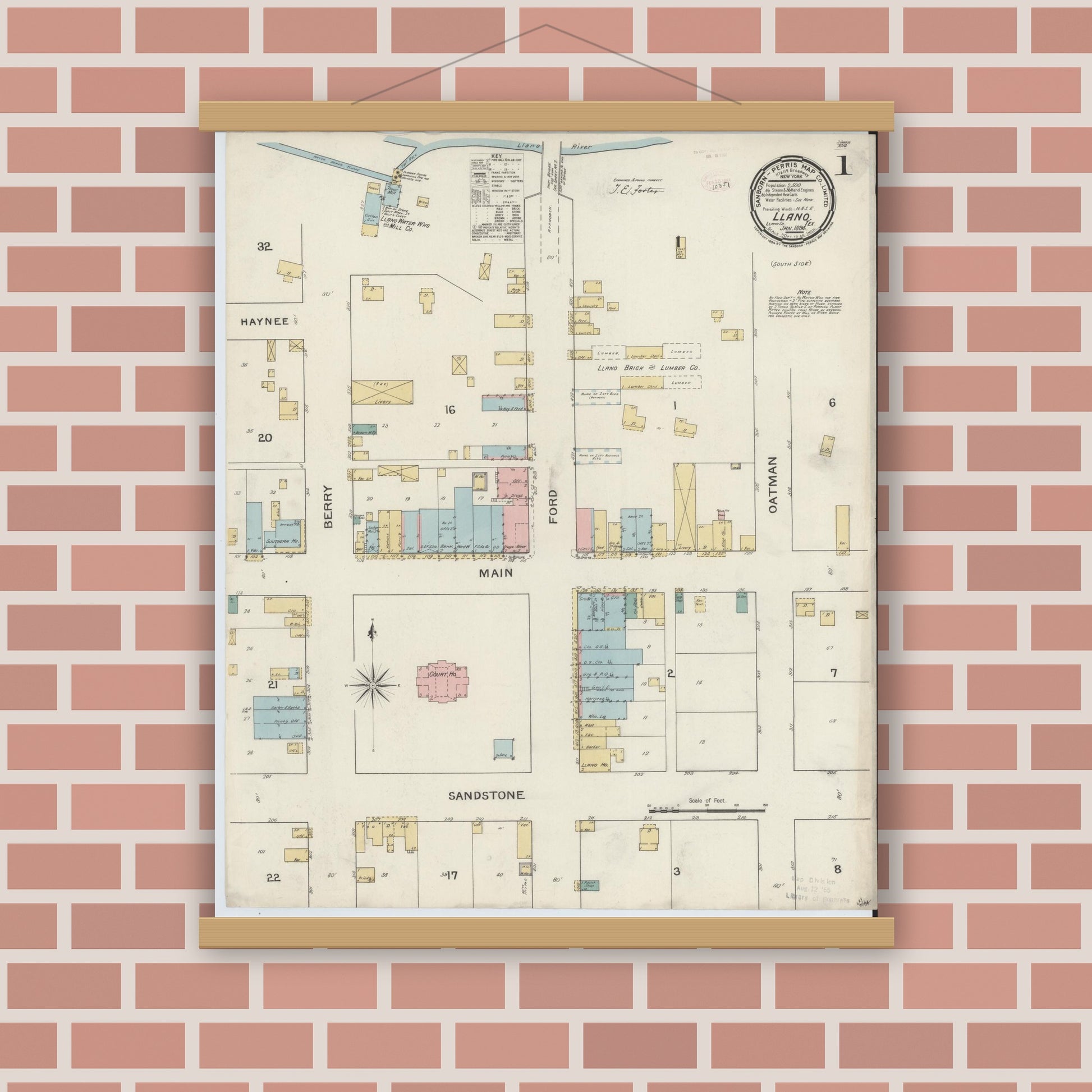 Old map wall art mockup — magnetic wood frame on brick wall — Sanborn Fire Insurance Map from Llano, Llano County, Texas (1894), Sheet #0001