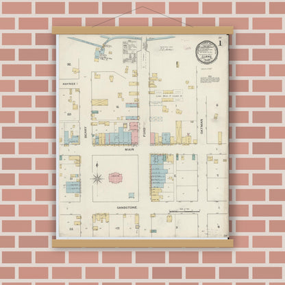 Old map wall art mockup — magnetic wood frame on brick wall — Sanborn Fire Insurance Map from Llano, Llano County, Texas (1894), Sheet #0001