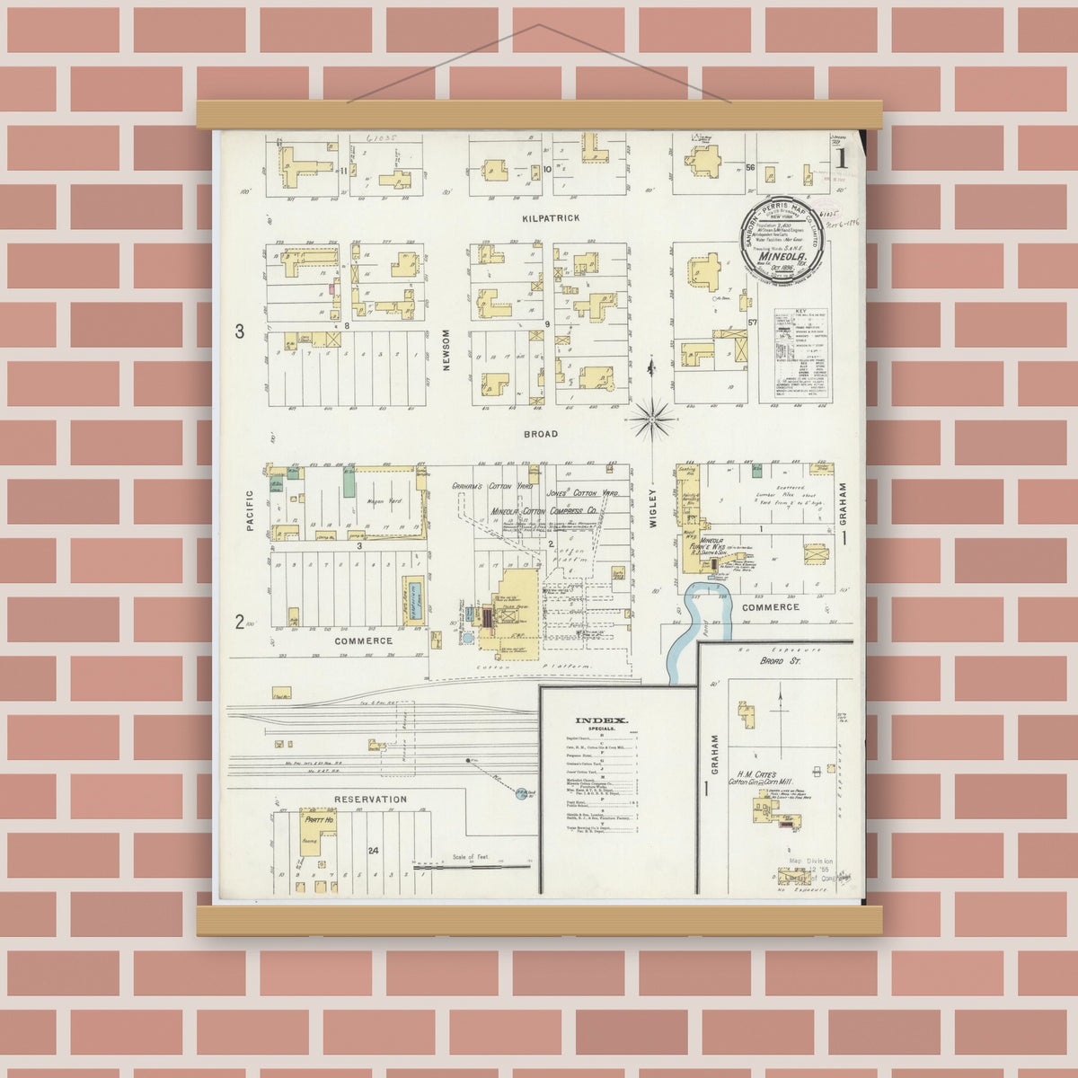 Old map wall art mockup — magnetic wood frame on brick wall — Sanborn Fire Insurance Map from Mineola, Wood County, Texas (1896) - Complete Map Set