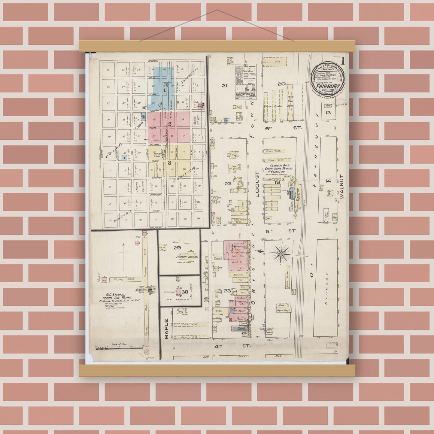 Old map wall art mockup — magnetic wood frame on brick wall — Sanborn Fire Insurance Map from Fairbury, Livingston County, Illinois (1885) - Complete Map Set