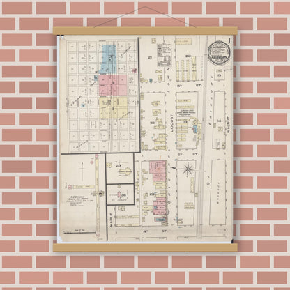 Old map wall art mockup — magnetic wood frame on brick wall — Sanborn Fire Insurance Map from Fairbury, Livingston County, Illinois (1885) - Complete Map Set