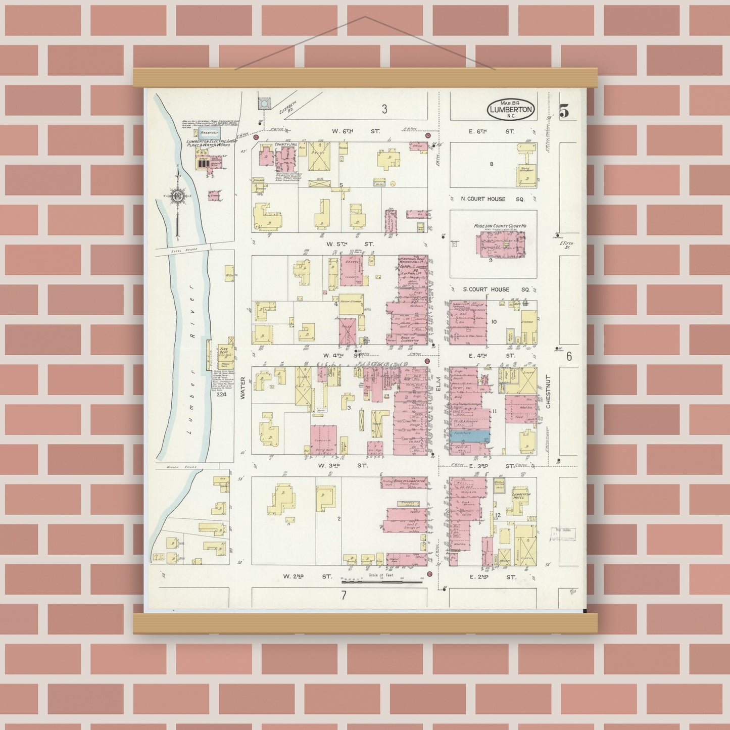 Old map wall art mockup — magnetic wood frame on brick wall — Sanborn Fire Insurance Map from Lumberton, Robeson County, North Carolina (1914), Sheet #0005
