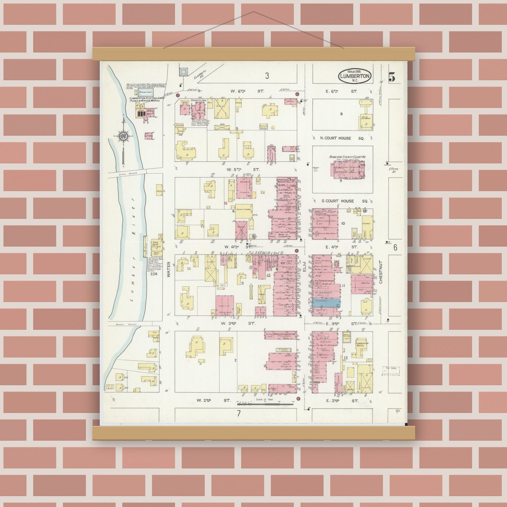 Old map wall art mockup — magnetic wood frame on brick wall — Sanborn Fire Insurance Map from Lumberton, Robeson County, North Carolina (1914), Sheet #0005
