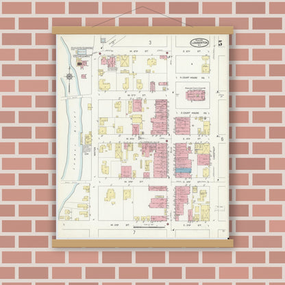 Old map wall art mockup — magnetic wood frame on brick wall — Sanborn Fire Insurance Map from Lumberton, Robeson County, North Carolina (1914), Sheet #0005