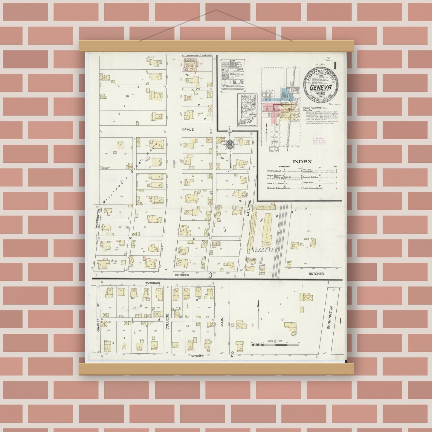 Old map wall art mockup — magnetic wood frame on brick wall — Sanborn Fire Insurance Map from Geneva, Adams County, Indiana (1914) - Complete Map Set