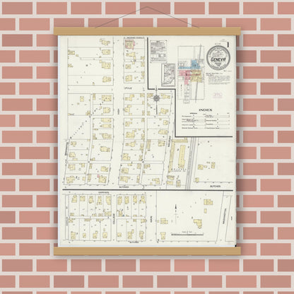Old map wall art mockup — magnetic wood frame on brick wall — Sanborn Fire Insurance Map from Geneva, Adams County, Indiana (1914) - Complete Map Set