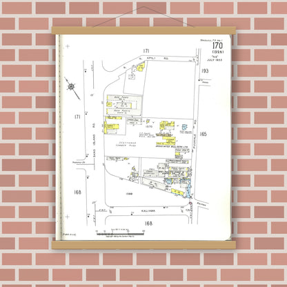 Old map wall art mockup — magnetic wood frame on brick wall — Sanborn Fire Insurance Map from Honolulu, Oahu County, Hawaii (1955), Sheet #0170