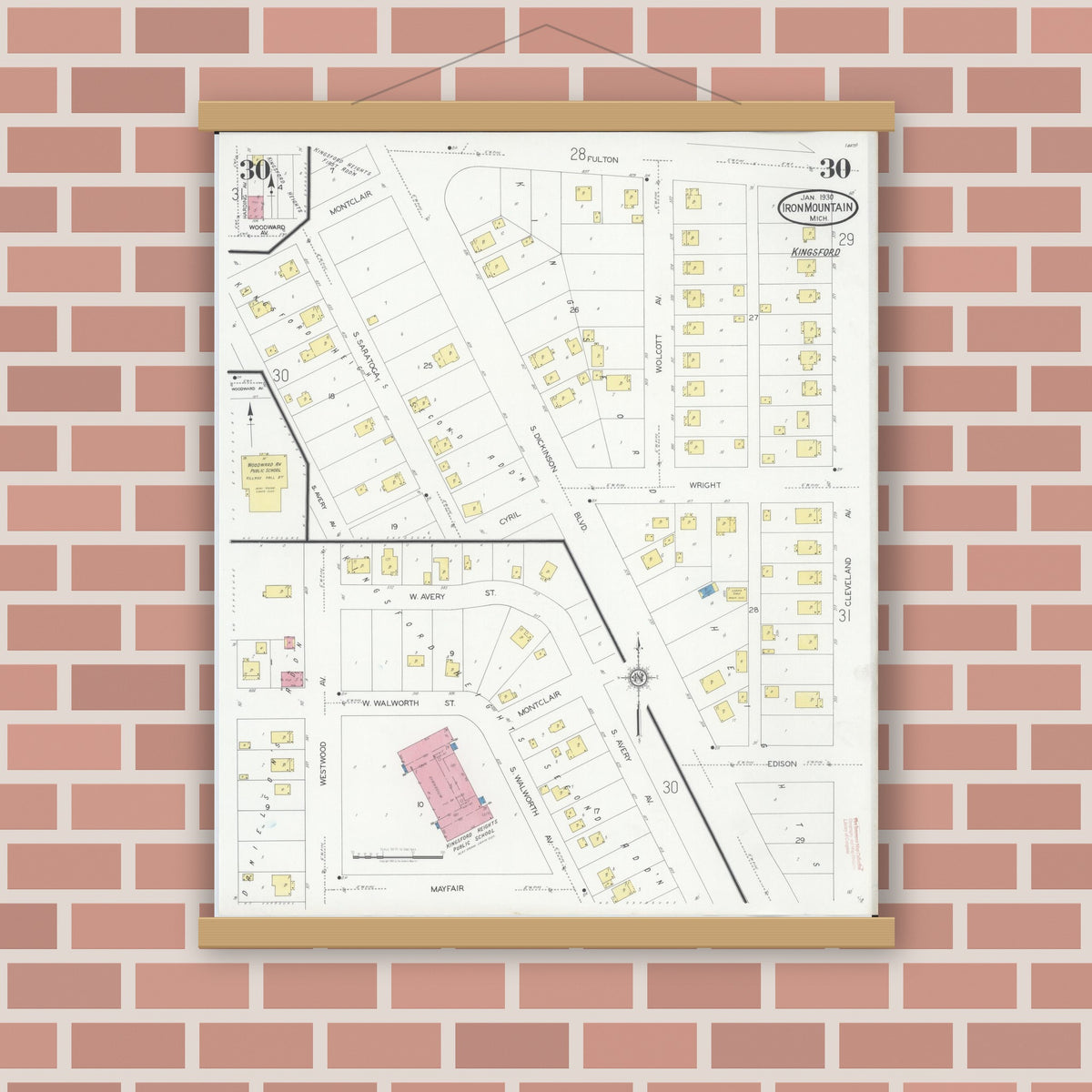Old map wall art mockup — magnetic wood frame on brick wall — Sanborn Fire Insurance Map from Iron Mountain, Dickinson County, Michigan (1930), Sheet #0030