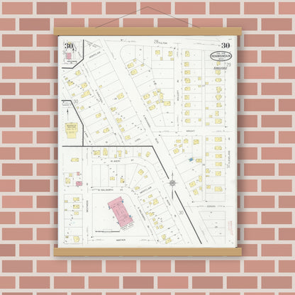 Old map wall art mockup — magnetic wood frame on brick wall — Sanborn Fire Insurance Map from Iron Mountain, Dickinson County, Michigan (1930), Sheet #0030