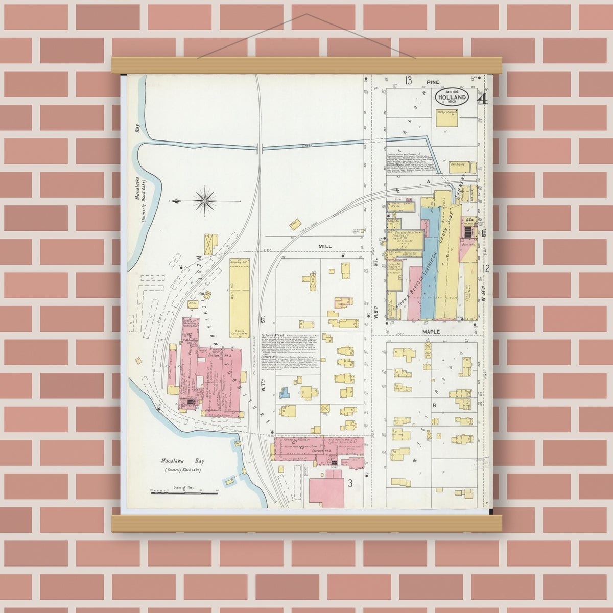 Old map wall art mockup — magnetic wood frame on brick wall — Sanborn Fire Insurance Map from Holland, Ottawa County, Michigan (1902), Sheet #0004