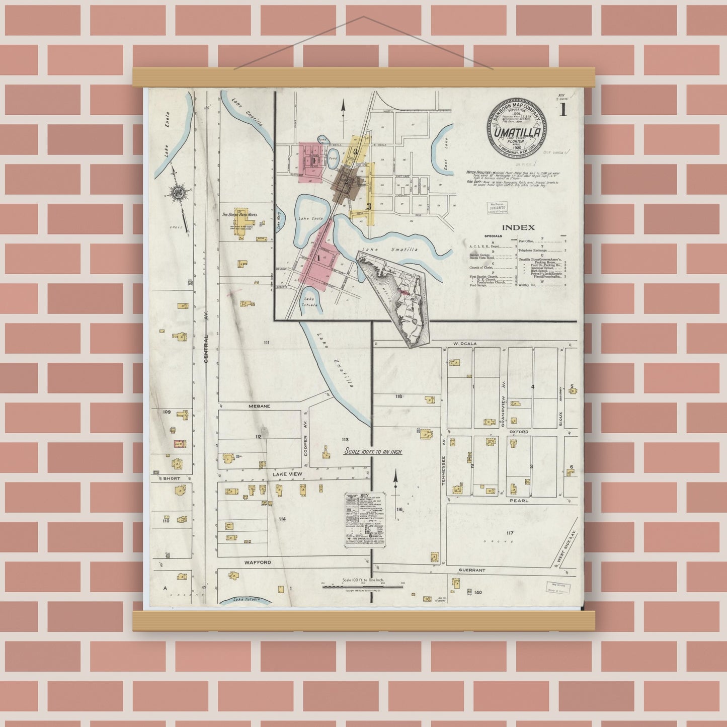 Old map wall art mockup — magnetic wood frame on brick wall — Sanborn Fire Insurance Map from Umatilla, Lake County, Florida (1920) - Complete Map Set