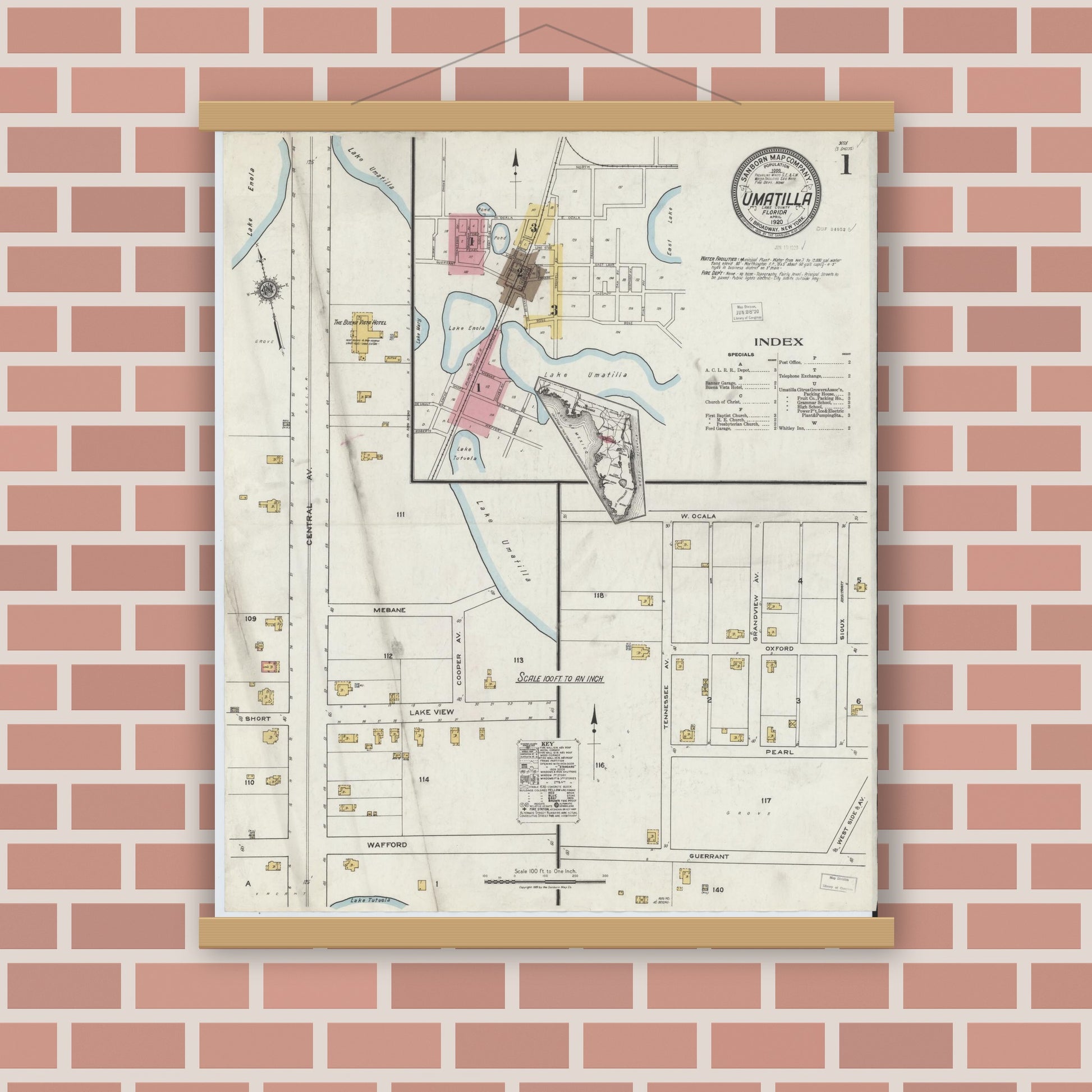 Old map wall art mockup — magnetic wood frame on brick wall — Sanborn Fire Insurance Map from Umatilla, Lake County, Florida (1920) - Complete Map Set