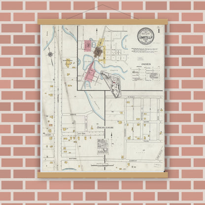 Old map wall art mockup — magnetic wood frame on brick wall — Sanborn Fire Insurance Map from Umatilla, Lake County, Florida (1920) - Complete Map Set