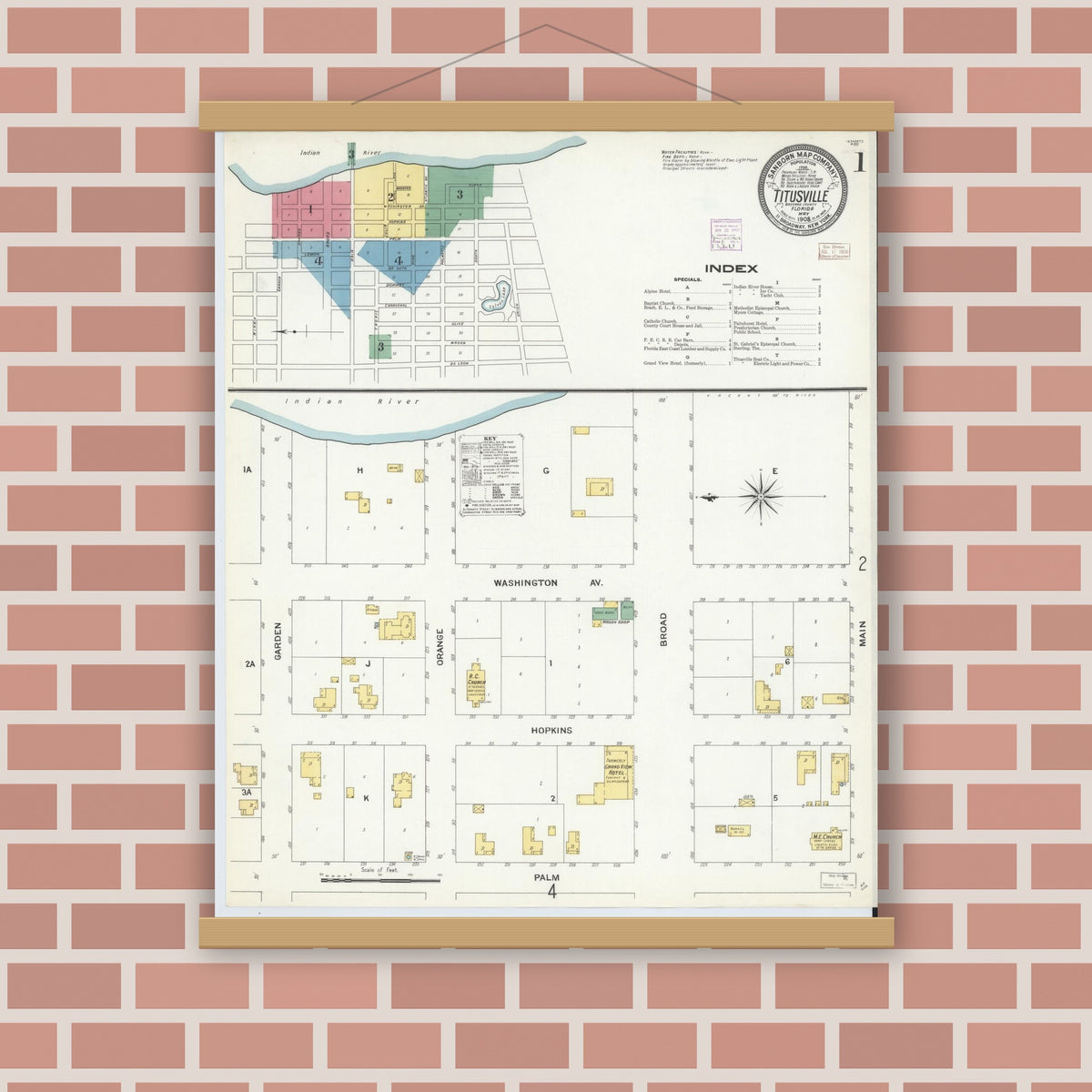 Old map wall art mockup — magnetic wood frame on brick wall — Sanborn Fire Insurance Map from Titusville, Brevard County, Florida (1908), Sheet #0001