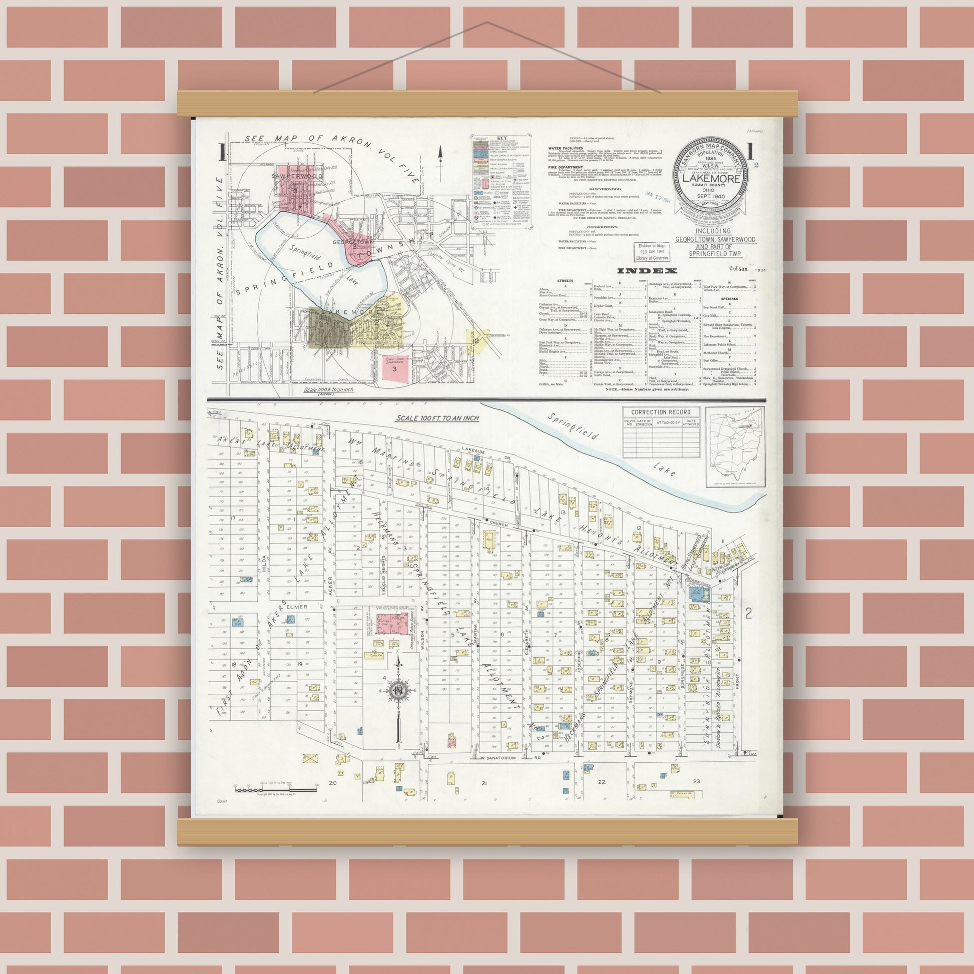 Old map wall art mockup — magnetic wood frame on brick wall — Sanborn Fire Insurance Map from Lakemore, Summit County, Ohio (1940) - Complete Map Set