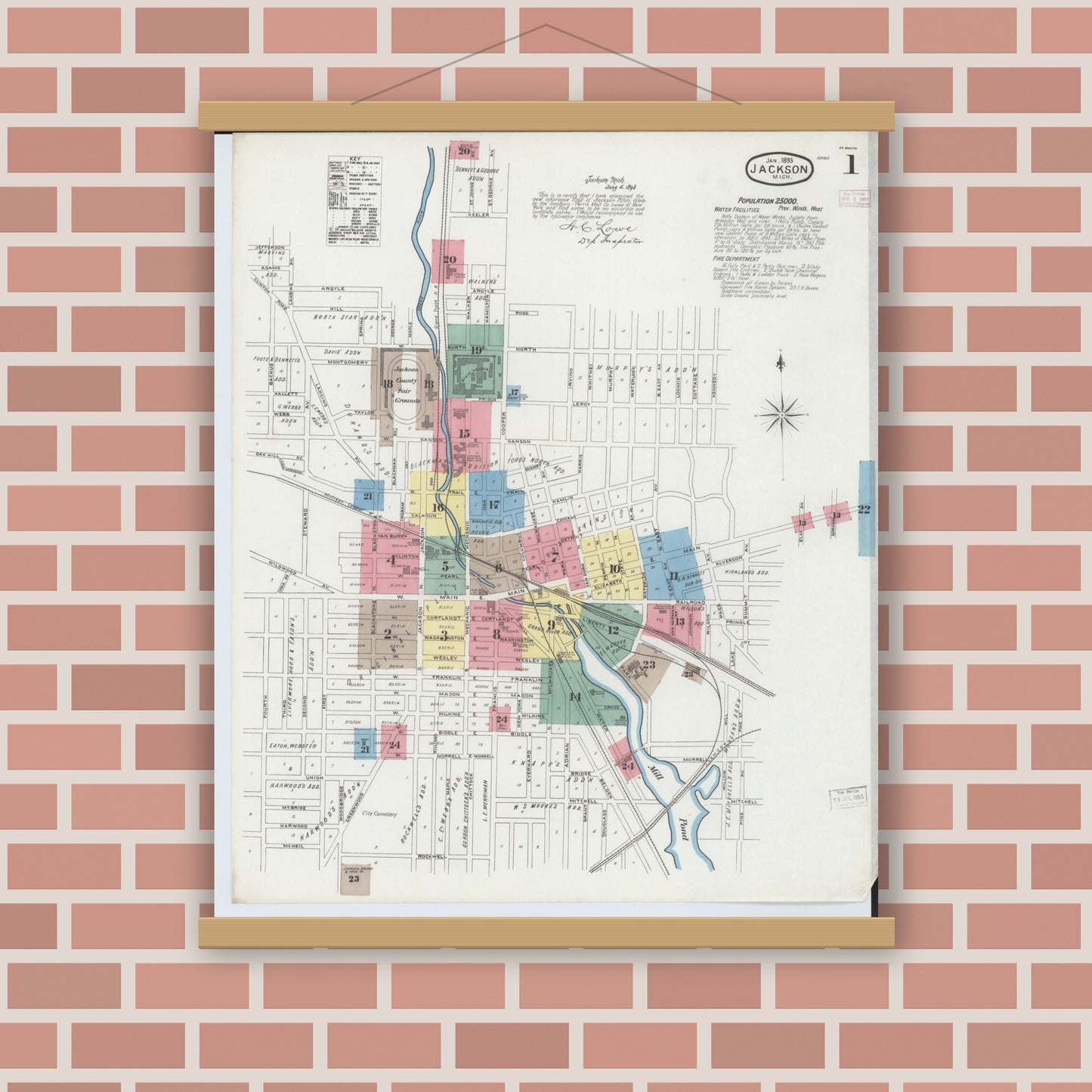 Old map wall art mockup — magnetic wood frame on brick wall — Sanborn Fire Insurance Map from Jackson, Jackson County, Michigan (1893) - Complete Map Set