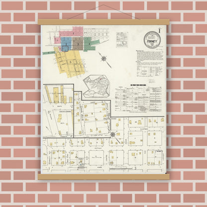 Old map wall art mockup — magnetic wood frame on brick wall — Sanborn Fire Insurance Map from Forney, Kaufman County, Texas (1919), Sheet #0001