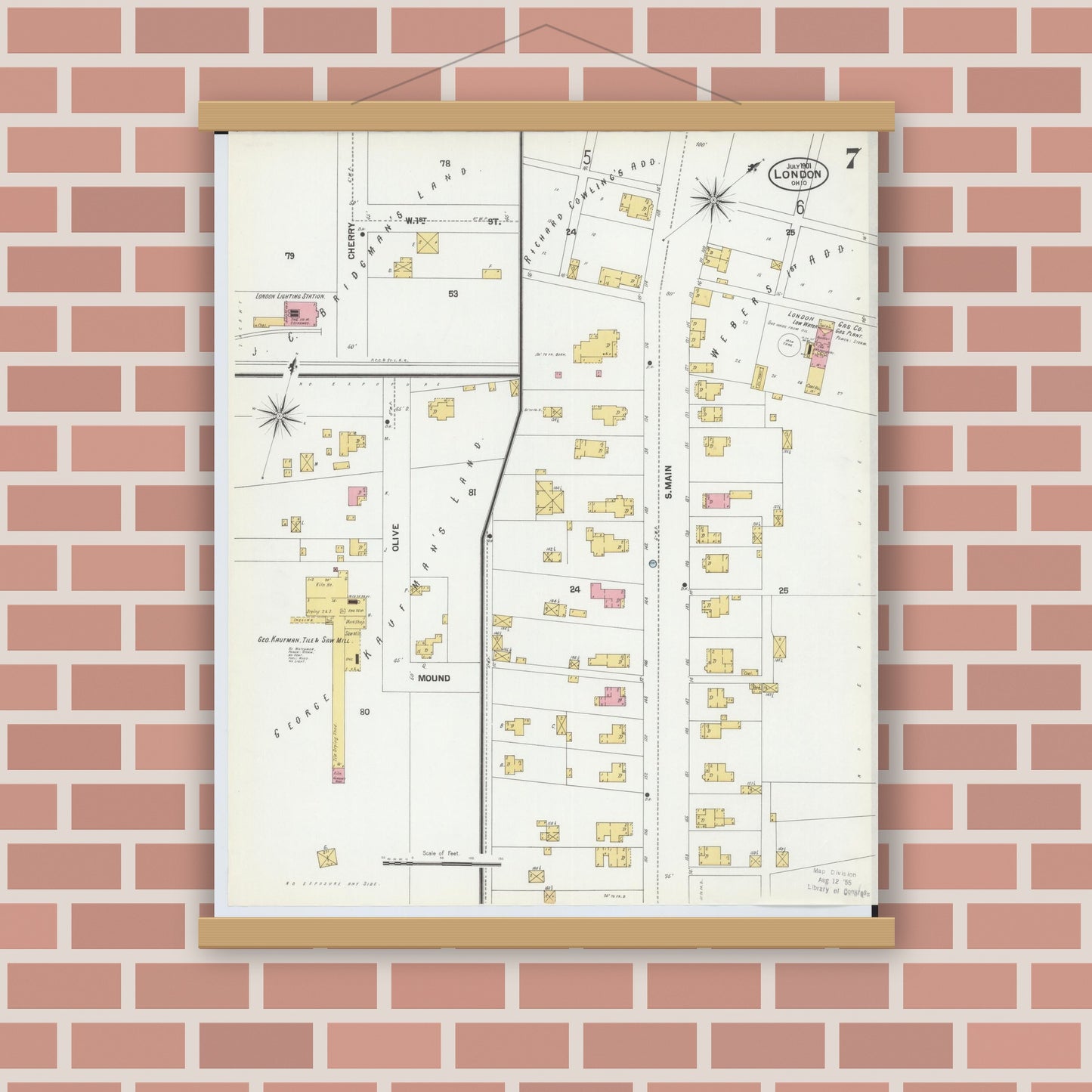 Old map wall art mockup — magnetic wood frame on brick wall — Sanborn Fire Insurance Map from London, Madison County, Ohio (1901), Sheet #0007