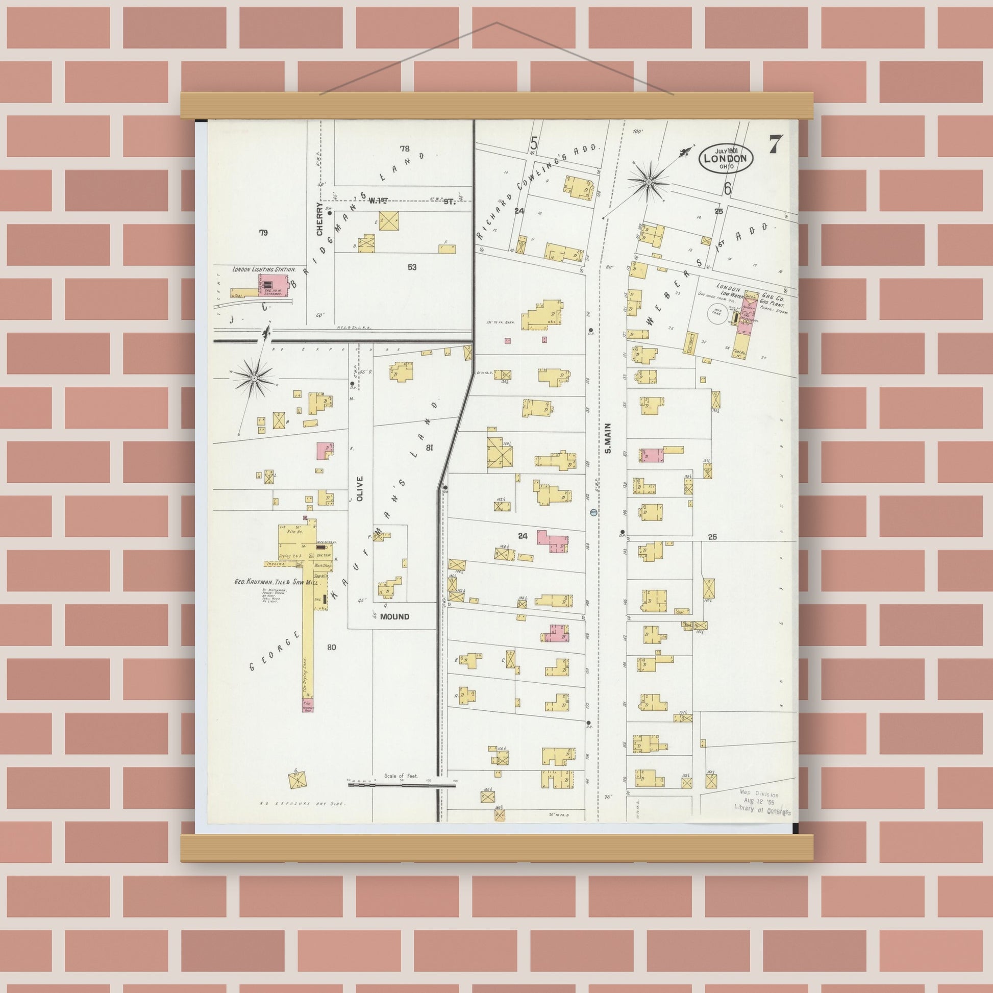 Old map wall art mockup — magnetic wood frame on brick wall — Sanborn Fire Insurance Map from London, Madison County, Ohio (1901), Sheet #0007