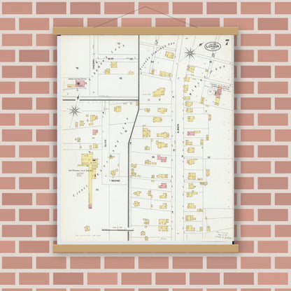 Old map wall art mockup — magnetic wood frame on brick wall — Sanborn Fire Insurance Map from London, Madison County, Ohio (1901), Sheet #0007