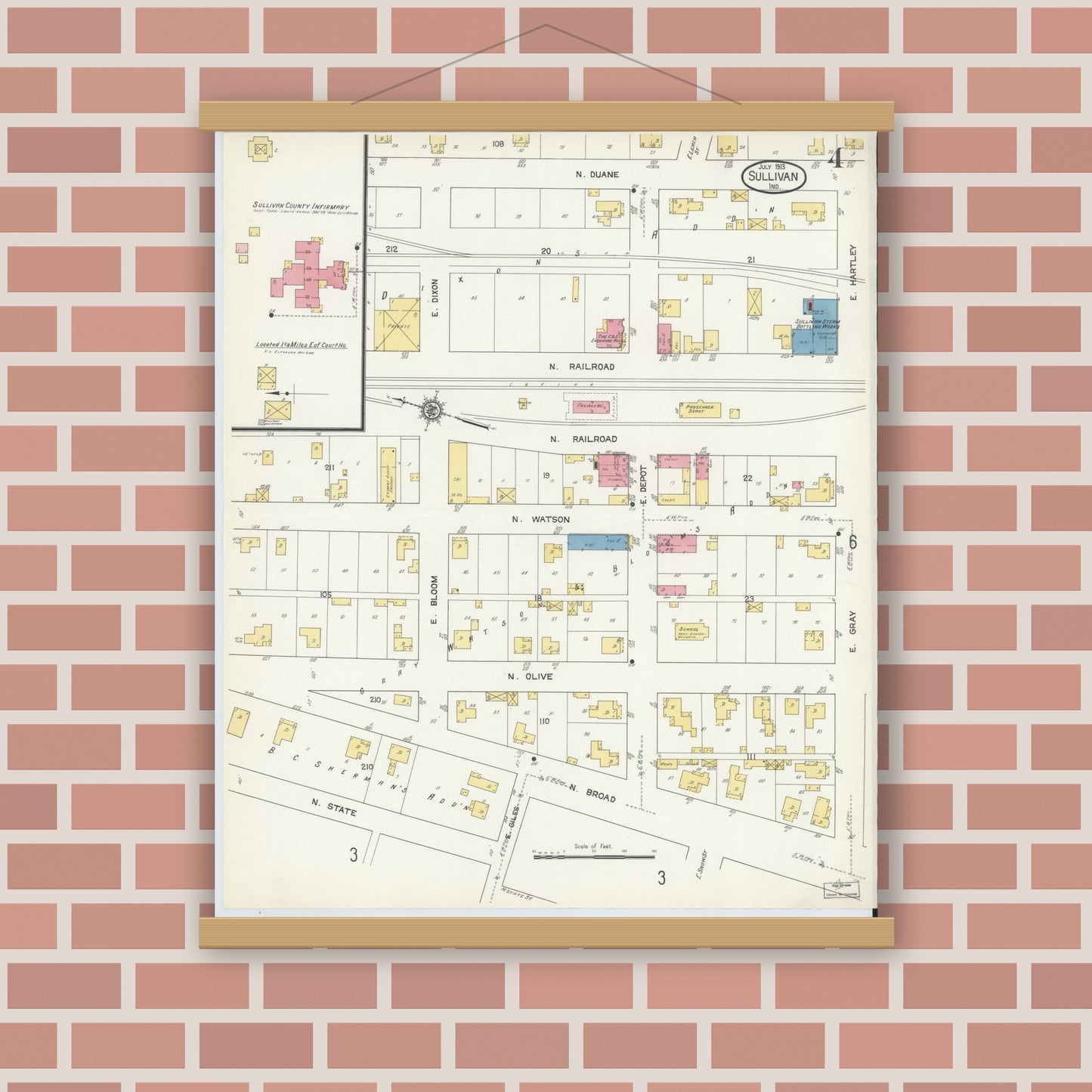 Old map wall art mockup — magnetic wood frame on brick wall — Sanborn Fire Insurance Map from Sullivan, Sullivan County, Indiana (1913), Sheet #0004
