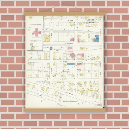 Old map wall art mockup — magnetic wood frame on brick wall — Sanborn Fire Insurance Map from Sullivan, Sullivan County, Indiana (1913), Sheet #0004