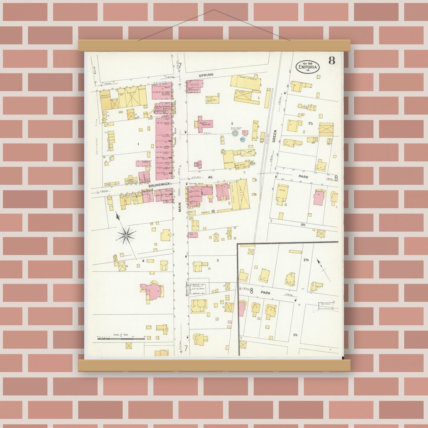 Old map wall art mockup — magnetic wood frame on brick wall — Sanborn Fire Insurance Map from Emporia, Independent Cities, Virginia (1909), Sheet #0008