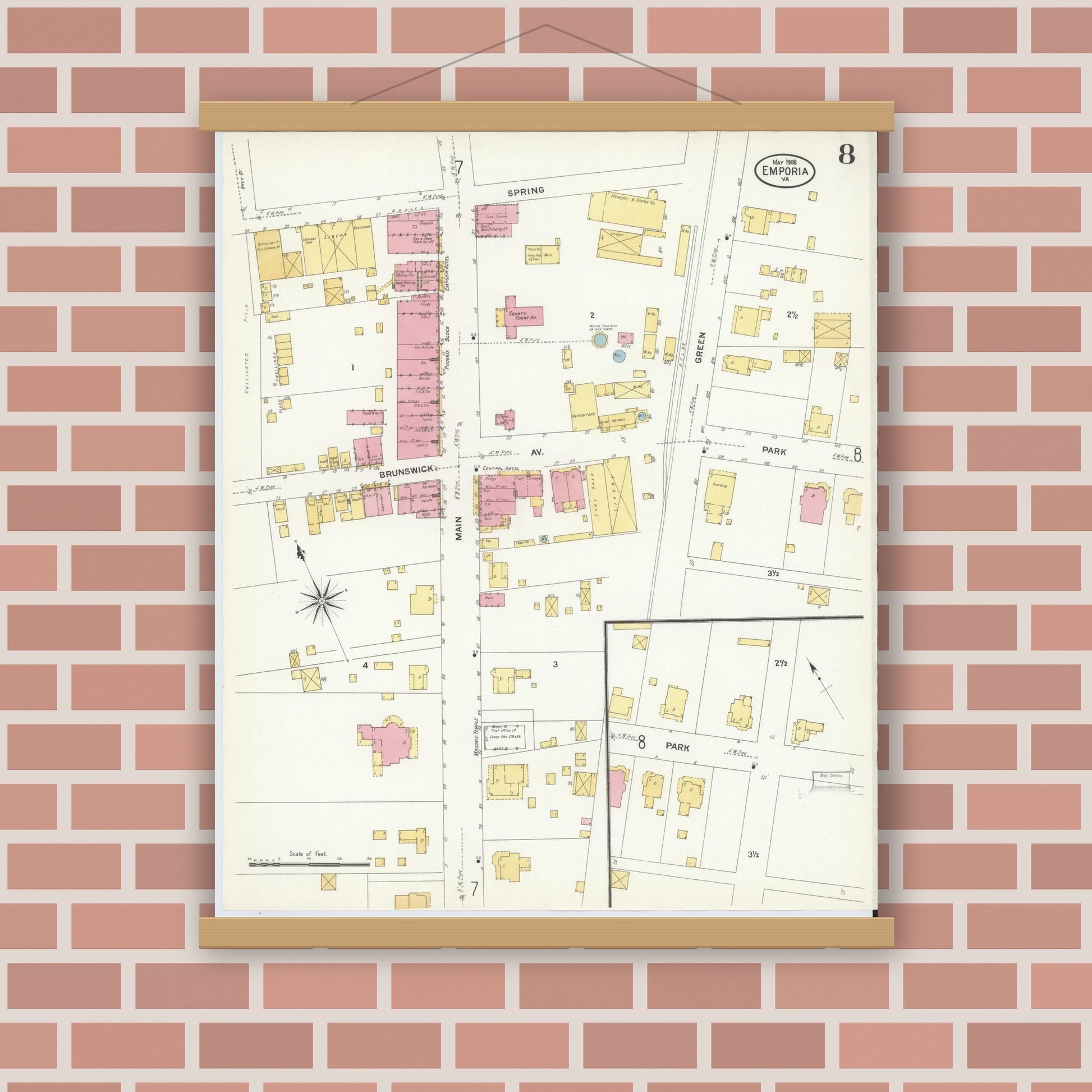 Old map wall art mockup — magnetic wood frame on brick wall — Sanborn Fire Insurance Map from Emporia, Independent Cities, Virginia (1909), Sheet #0008