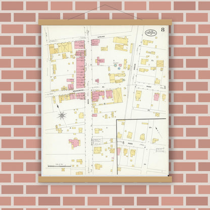Old map wall art mockup — magnetic wood frame on brick wall — Sanborn Fire Insurance Map from Emporia, Independent Cities, Virginia (1909), Sheet #0008
