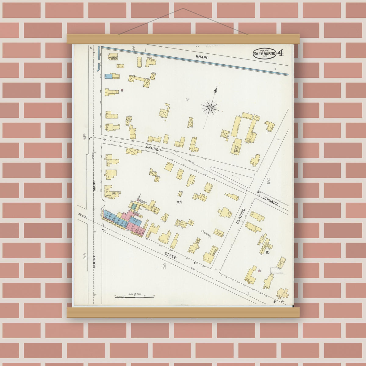 Old map wall art mockup — magnetic wood frame on brick wall — Sanborn Fire Insurance Map from Sherburne, Chenango County, New York (1892), Sheet #0004