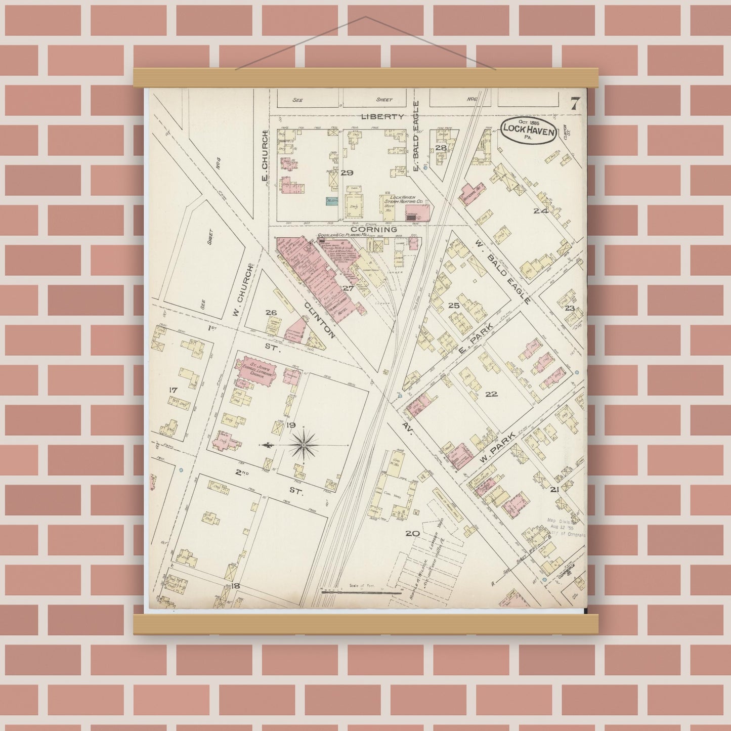 Old map wall art mockup — magnetic wood frame on brick wall — Sanborn Fire Insurance Map from Lock Haven, Clinton County, Pennsylvania (1885), Sheet #0007