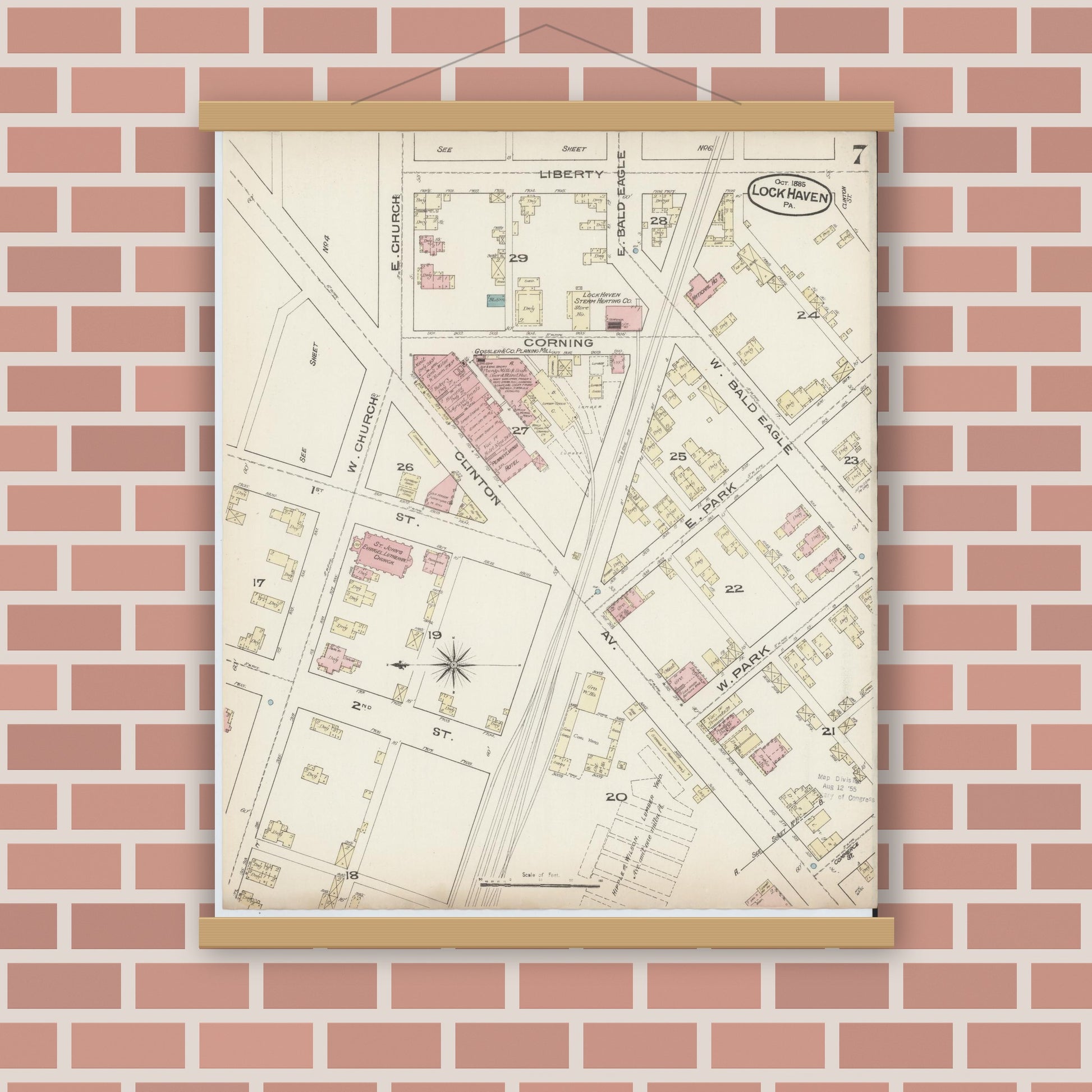 Old map wall art mockup — magnetic wood frame on brick wall — Sanborn Fire Insurance Map from Lock Haven, Clinton County, Pennsylvania (1885), Sheet #0007