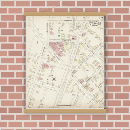 Old map wall art mockup — magnetic wood frame on brick wall — Sanborn Fire Insurance Map from Lock Haven, Clinton County, Pennsylvania (1885), Sheet #0007