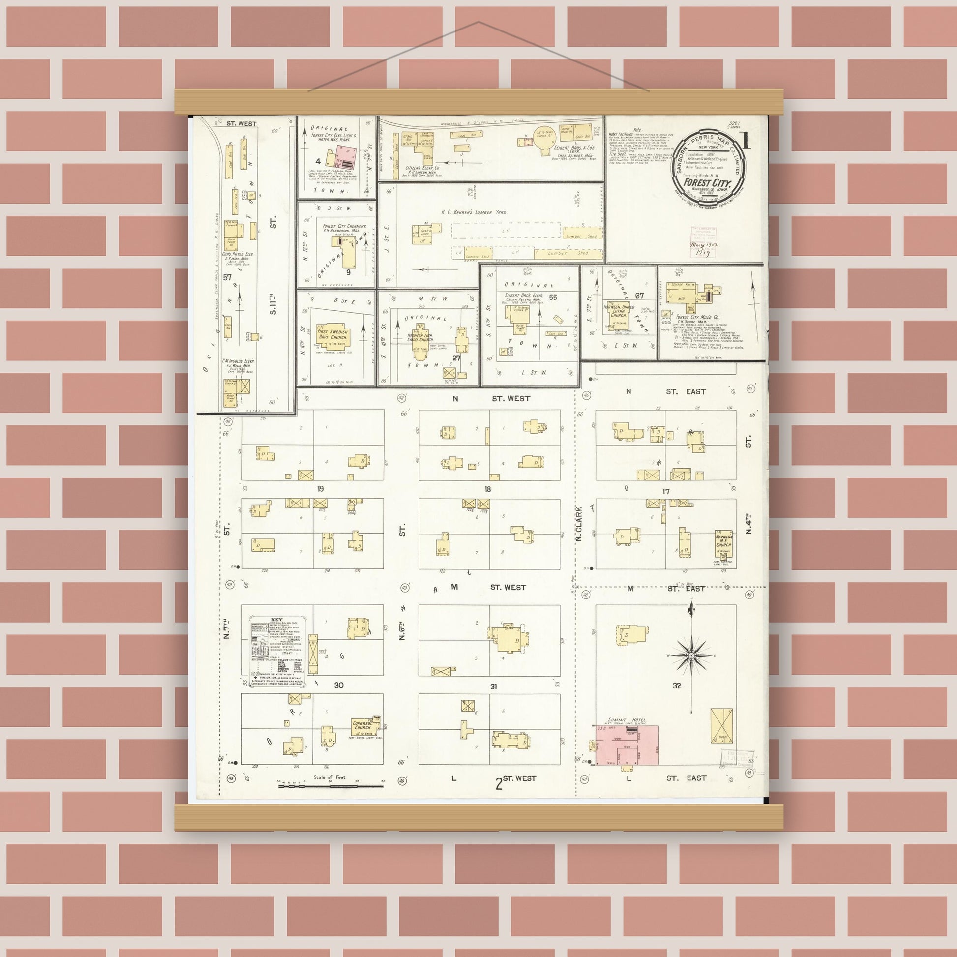 Old map wall art mockup — magnetic wood frame on brick wall — Sanborn Fire Insurance Map from Forest City, Winnebago County, Iowa (1901) â€” Complete Set