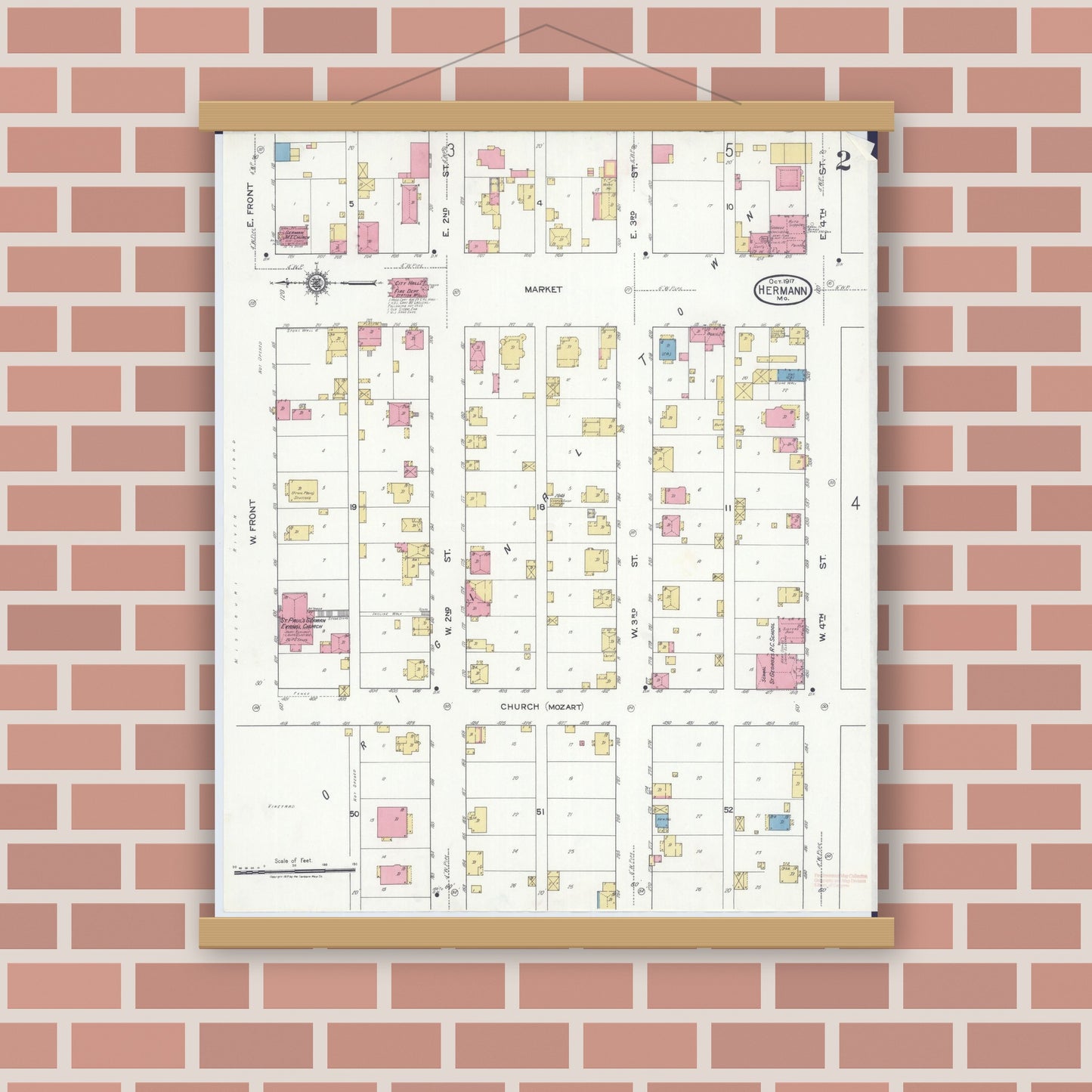 Old map wall art mockup — magnetic wood frame on brick wall — Sanborn Fire Insurance Map from Hermann, Gasconade County, Missouri (1917), Sheet #0002
