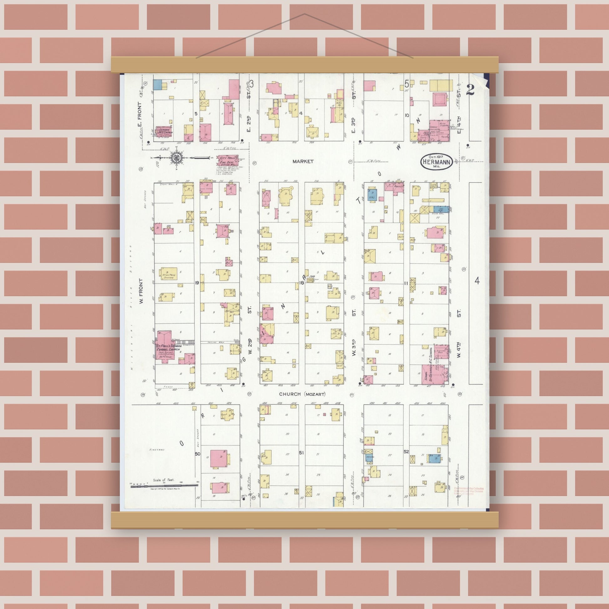 Old map wall art mockup — magnetic wood frame on brick wall — Sanborn Fire Insurance Map from Hermann, Gasconade County, Missouri (1917), Sheet #0002