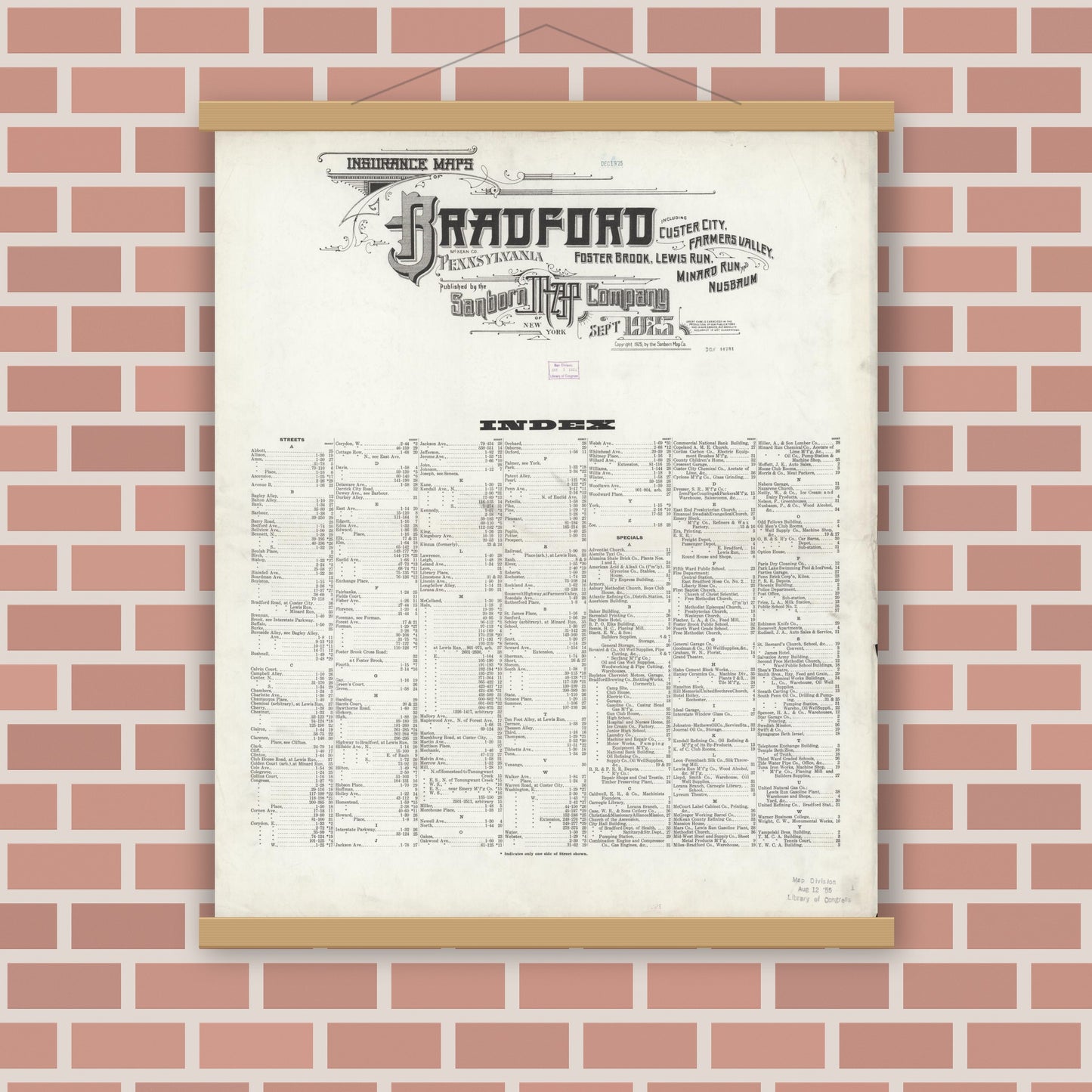 Old map wall art mockup — magnetic wood frame on brick wall — Sanborn Fire Insurance Map from Bradford, McKean County, Pennsylvania (1925), Sheet #0001