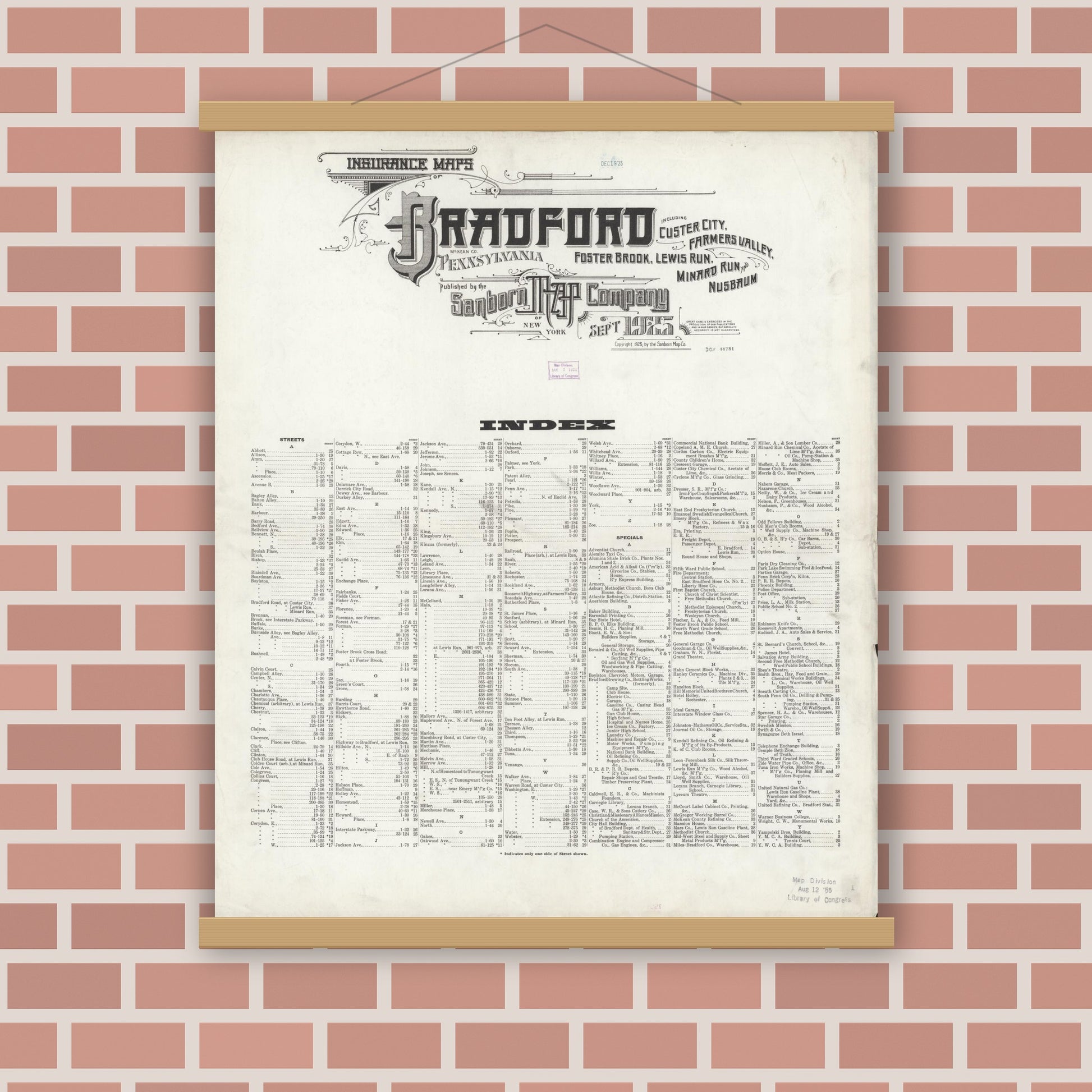 Old map wall art mockup — magnetic wood frame on brick wall — Sanborn Fire Insurance Map from Bradford, McKean County, Pennsylvania (1925), Sheet #0001