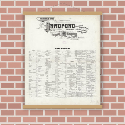 Old map wall art mockup — magnetic wood frame on brick wall — Sanborn Fire Insurance Map from Bradford, McKean County, Pennsylvania (1925), Sheet #0001