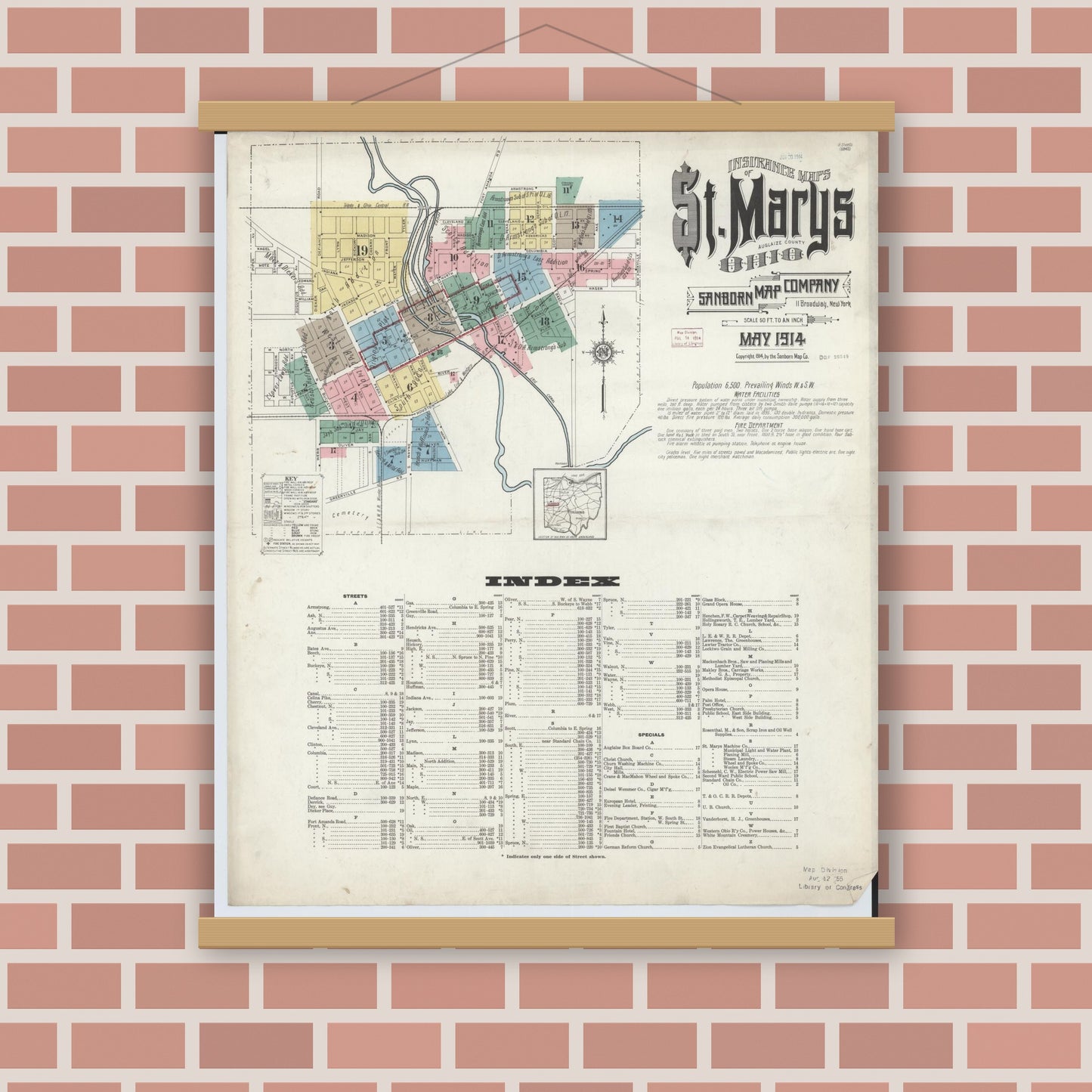 Old map wall art mockup — magnetic wood frame on brick wall — Sanborn Fire Insurance Map from Saint Marys, Auglaize County, Ohio (1914) - Complete Map Set