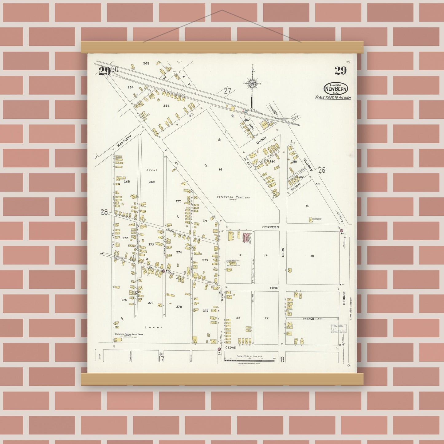 Old map wall art mockup — magnetic wood frame on brick wall — Sanborn Fire Insurance Map from New Bern, Craven County, North Carolina (1924), Sheet #0029