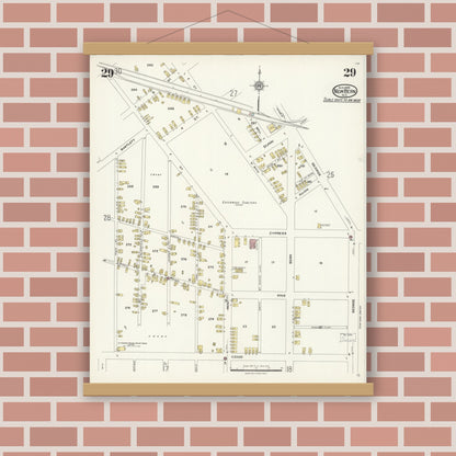 Old map wall art mockup — magnetic wood frame on brick wall — Sanborn Fire Insurance Map from New Bern, Craven County, North Carolina (1924), Sheet #0029
