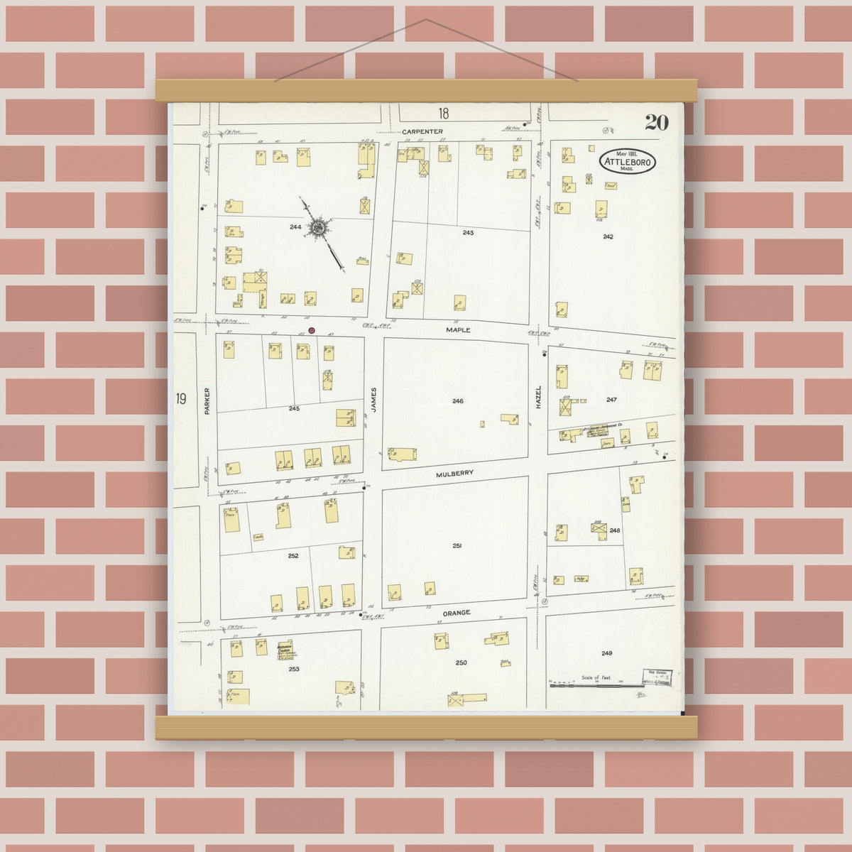 Old map wall art mockup — magnetic wood frame on brick wall — Sanborn Fire Insurance Map from Attleboro, Bristol County, Massachusetts (1911), Sheet #0020