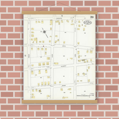 Old map wall art mockup — magnetic wood frame on brick wall — Sanborn Fire Insurance Map from Attleboro, Bristol County, Massachusetts (1911), Sheet #0020