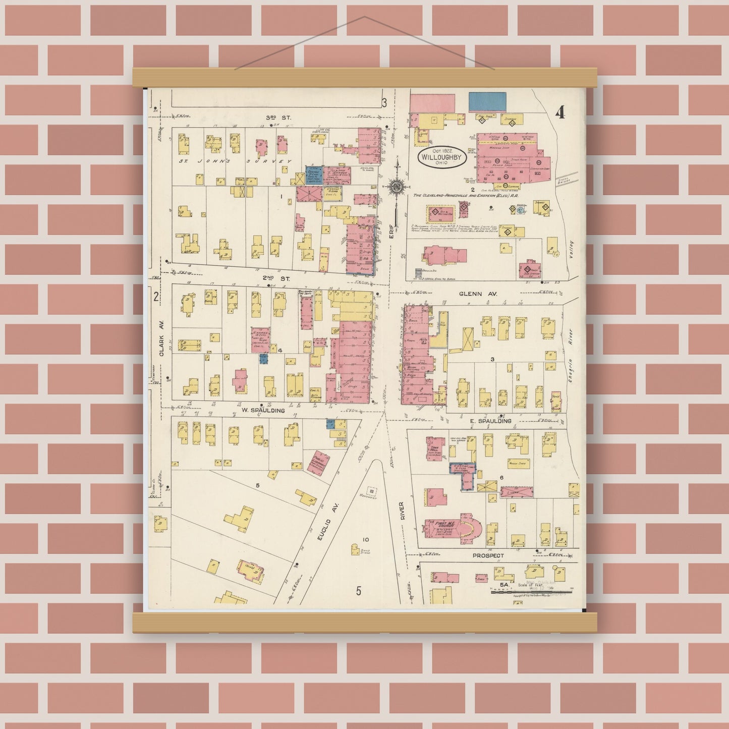Old map wall art mockup — magnetic wood frame on brick wall — Sanborn Fire Insurance Map from Willoughby, Lake County, Ohio (1922), Sheet #0004