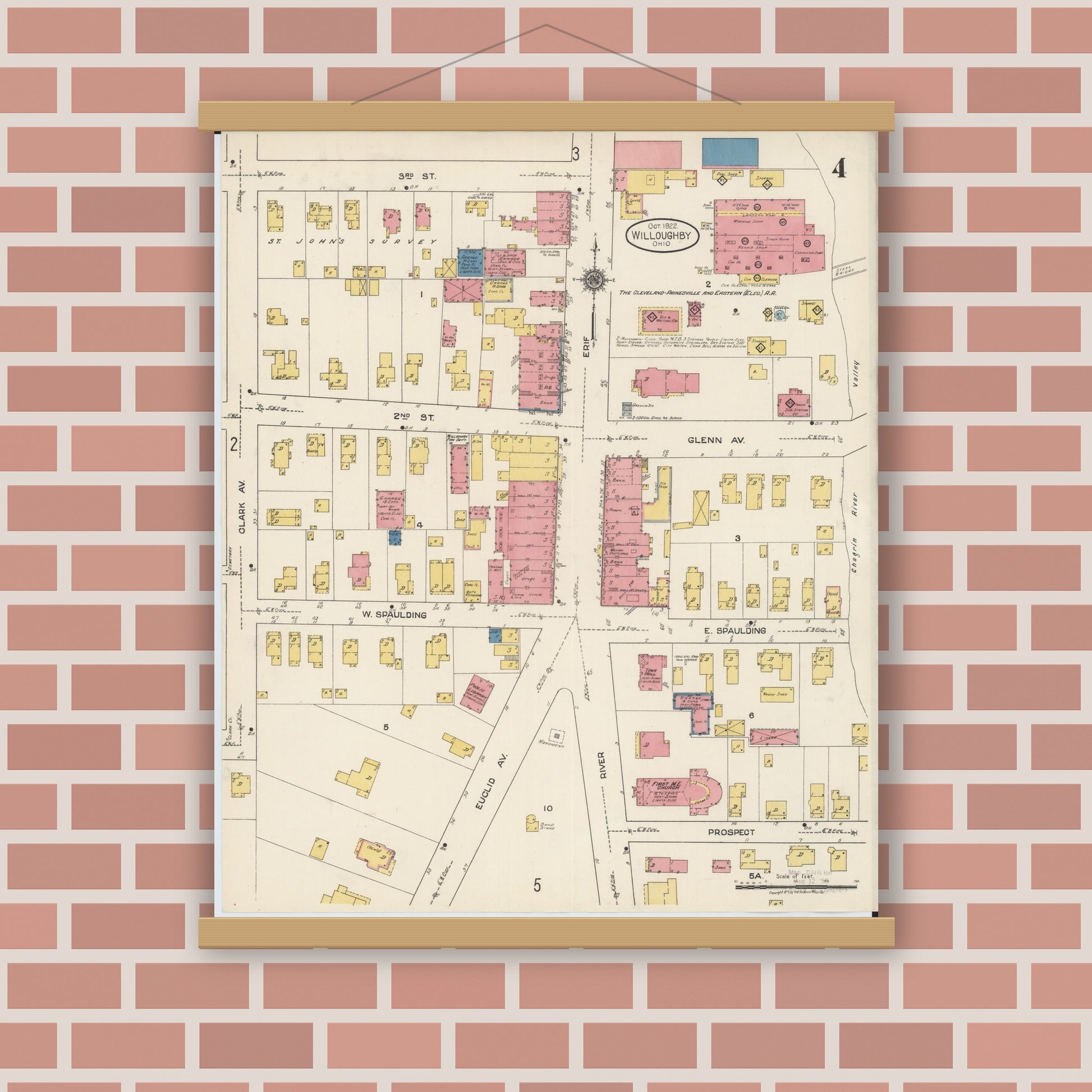 Old map wall art mockup — magnetic wood frame on brick wall — Sanborn Fire Insurance Map from Willoughby, Lake County, Ohio (1922), Sheet #0004