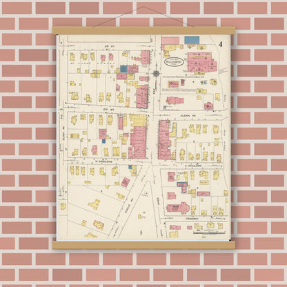 Old map wall art mockup — magnetic wood frame on brick wall — Sanborn Fire Insurance Map from Willoughby, Lake County, Ohio (1922), Sheet #0004